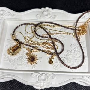 Tiger’s Eye Layered Necklaces with Gold Tone Steel Alloy and Silk Cord